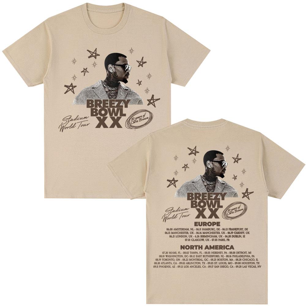 Rapper Chris Brown Album Tshirt Breezy Bowl XX Tour 2025 Hip Hop Vintage T Shirt Men Women Oversized Cotton Tshirts Streetwear