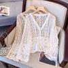 Лето 2024, женская кружевная футболка с основными пуговицами, короткие топы, кружевные футболки с цветочным принтом, повседневные свободные белые футболки