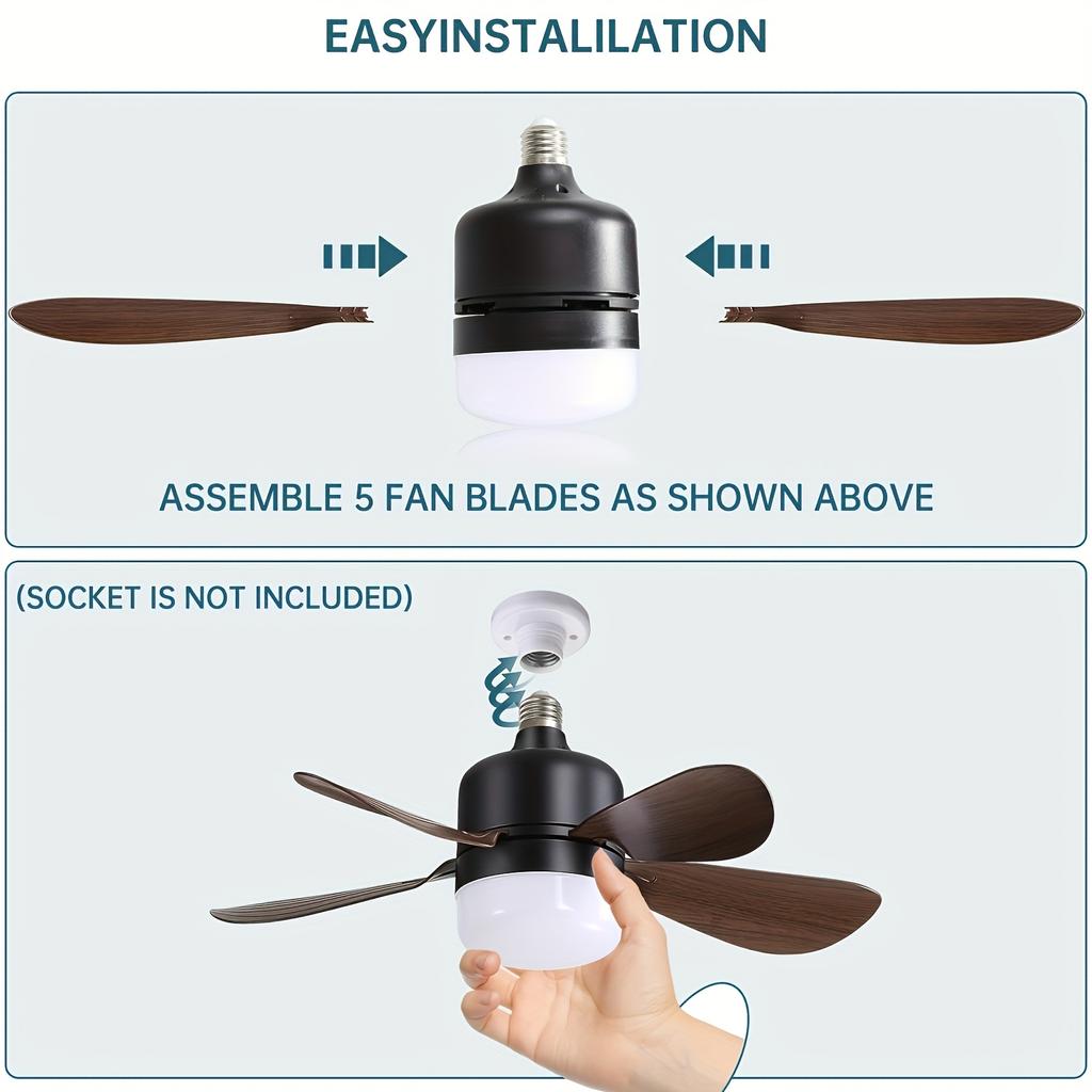 1pc 16-Inch Socket Fan Light Ceiling Fans With Lights And Remote - Screw In Small Ceiling Fan Replacement For E27 Light Bulb, Dimmable 3 Color Lights