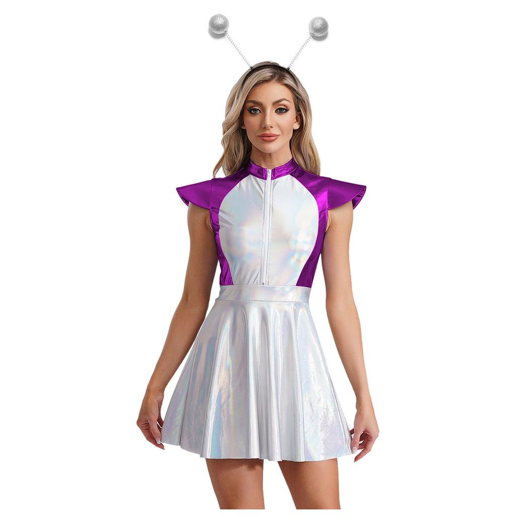 Womens Space Alien Costume Cap Sleeve Cutie Design Outer Space Theme Dress and Hair Hoop