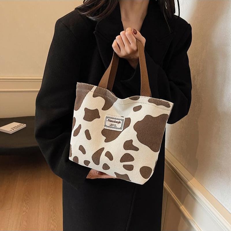 Модная вельветовая сумка-тоут с принтом коровы большой вместимости для женщин, многоразовая милая сумка через плечо для поездок на работу с молнией, складная сумка для покупок AVE