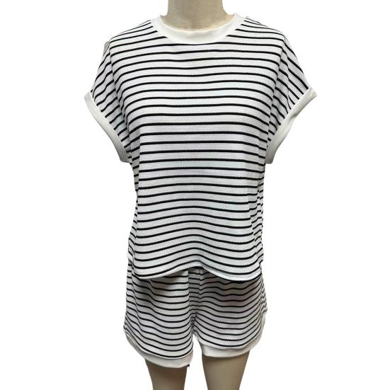 Женский комплект из 2 предметов для отдыха, полосатая рубашка с коротким рукавом и шорты, летний повседневный ребристый спортивный костюм, подходящий комплект