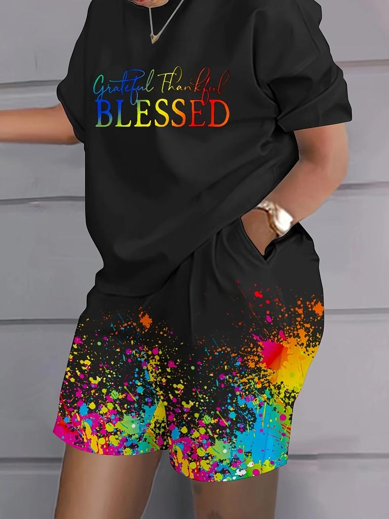 Casual Women's 2-piece 3d Printed Fashionable Short Sleeved Top and Shorts Set Oversized Loose and Simple 2-piece Set