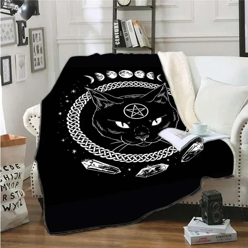 Cat with Moon Anime Blanket Throw Blanket Satanic Flannel Blanck and White Blanket for Adults S Halloween Blanket#