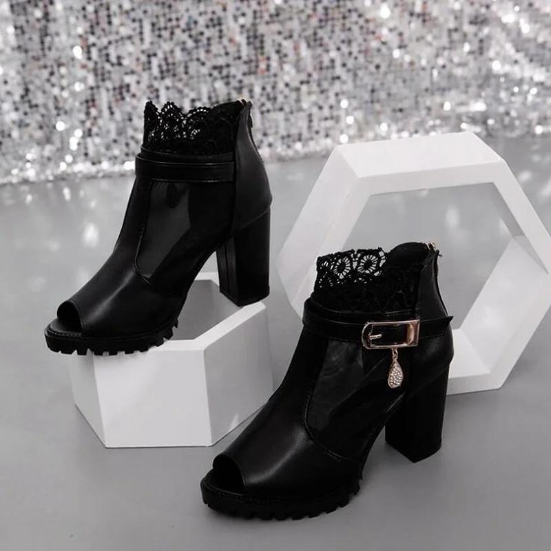 Модные женские сандалии с сеткой и кружевом на высоком квадратном каблуке 8 см. Летние туфли. Женские туфли-лодочки. Сексуальные сандалии-гладиаторы с открытым носком и цветочным узором.