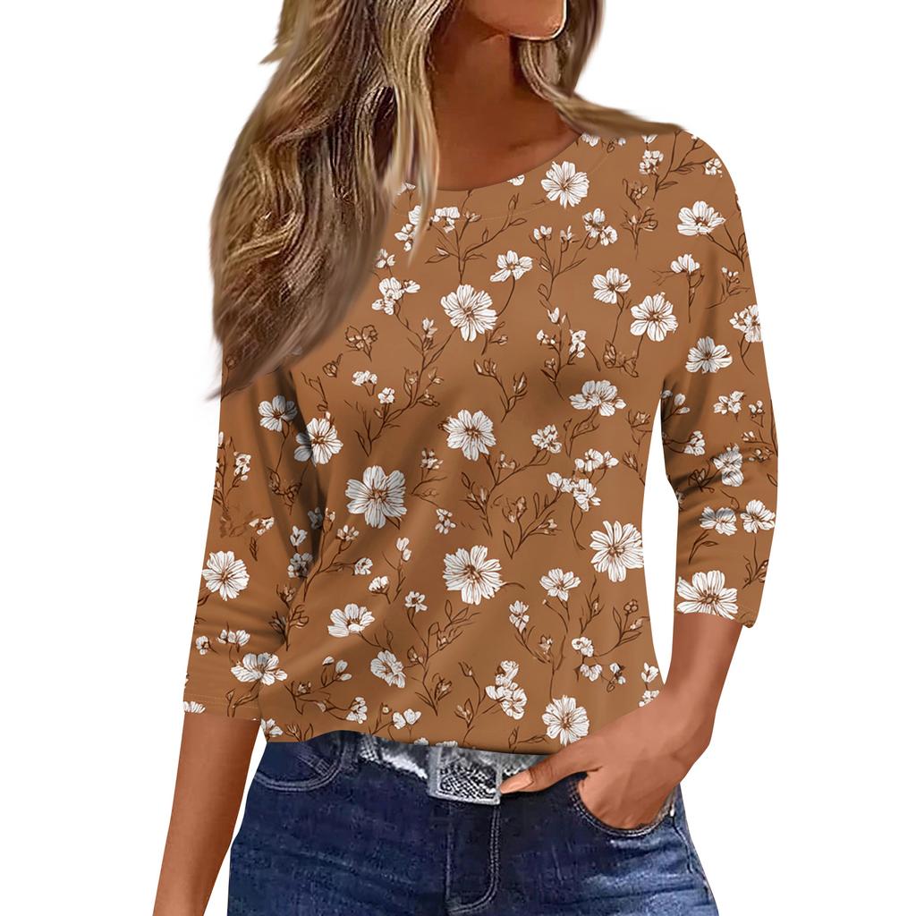 Women's Fashionable Casual Round Neck T-Shirt With Floral Print And Three-Quarter Sleeves