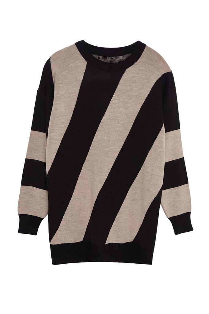 Women's Fashionable Stylish Hijab Sweater Black Stone Color Blocked Knitwear Striped Sweater