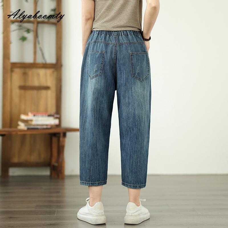 Корейский стиль Летняя женская уличная одежда Джинсовые капри с эластичной талией и завязками Прямые джинсы с вышивкой в виде мультфильмов Элегантные женственные джинсы длиной до щиколотки