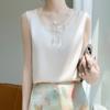 Summer Women's Silk Vest V-neck Mesh Splicing T-shirt Solid Colour Tops Sleeveless Vests