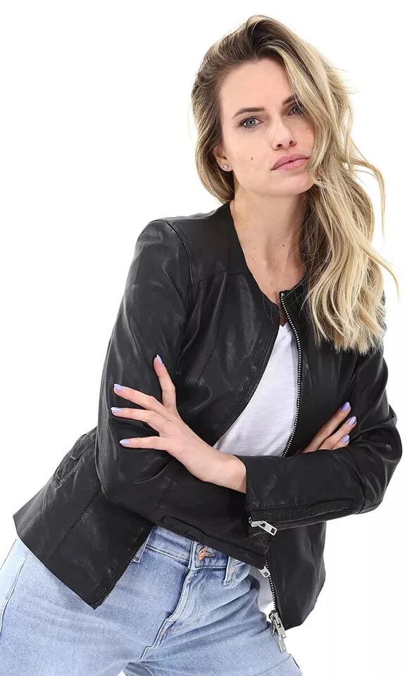 Женская мотоциклетная куртка Черная кожа Оригинальная натуральная овчина Ручная работа Байкерская
