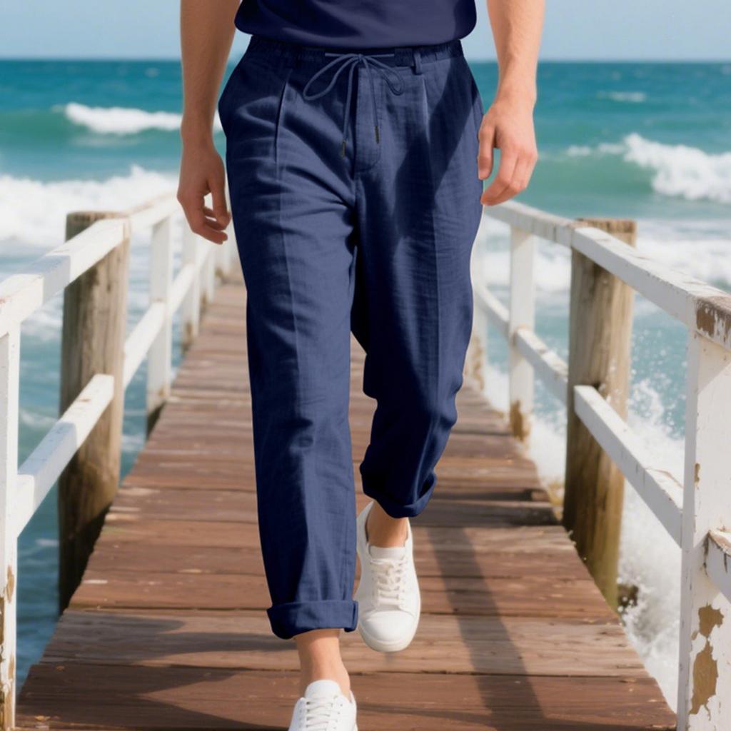 Мужские льняные длинные брюки с эластичным поясом, свободного кроя, дышащие, повседневные, для дома и работы