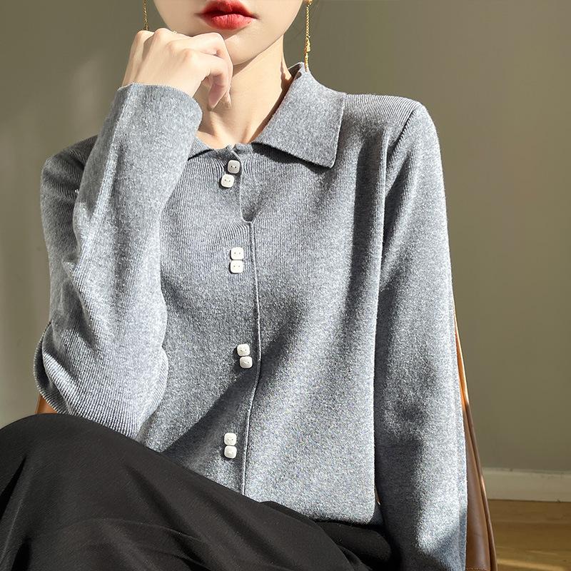 Весенне-осенний женский вязаный свитер с воротником поло и длинными рукавами, верхняя одежда, модная повседневная рубашка с простым низом, топы