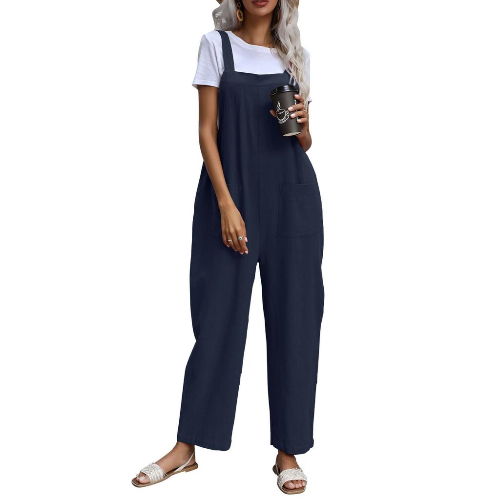 Женская мода, летние брюки-комбинезон из хлопка и льна, свободный повседневный комбинезон с карманами