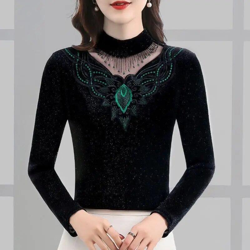 Осень-зима, новые кружевные футболки, сетчатая рубашка с высоким воротником и низом для женщин, пуловеры с длинными рукавами, топ M-5XL