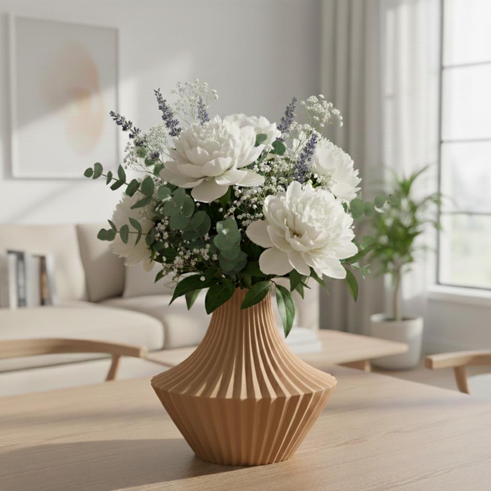 Brown decorative vase in the shape of pleats for flowers, elegant design
