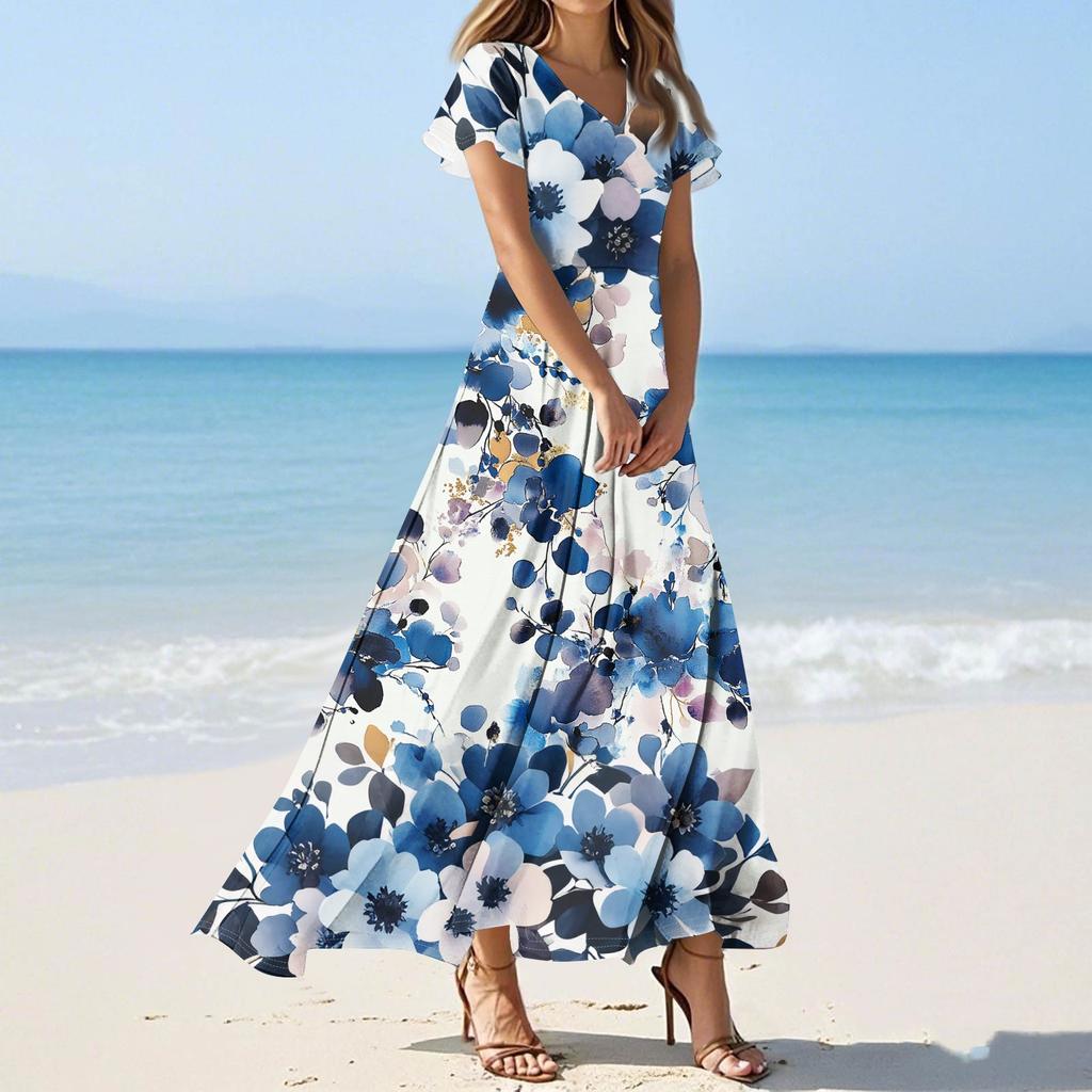 Женские повседневные модные длинные платья с принтом, платья с V-образным вырезом и коротким рукавом