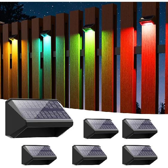 RGBCW Solar Fence Lights Outdoor: Color Changing Deck Stairs Lights IP65 Waterproof - 6 Pack Step Light for Patio Yard Garden Pathway