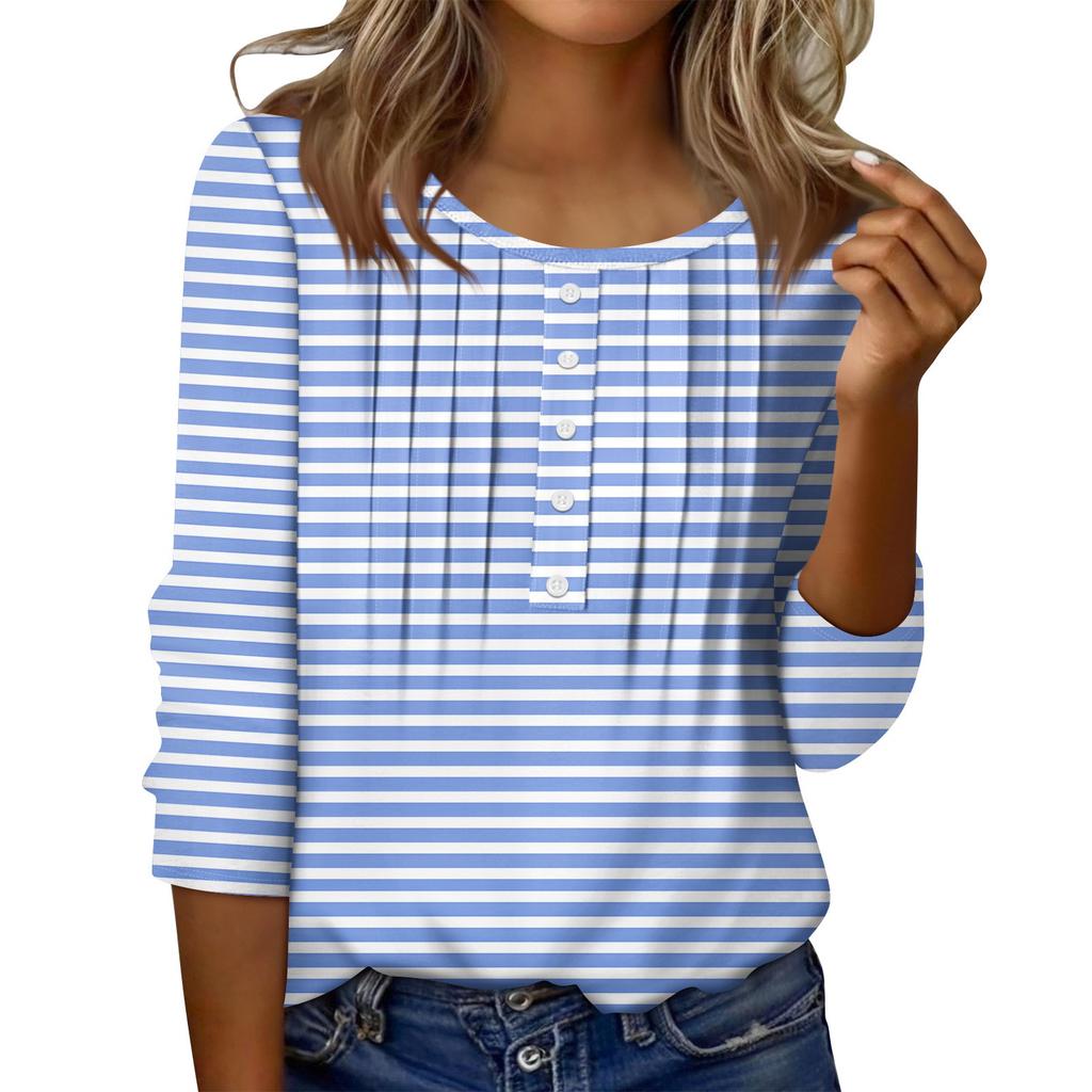 Женский топ с круглым вырезом, декоративными пуговицами и полосками, повседневная футболка однотонного цвета с рукавом 3/4
