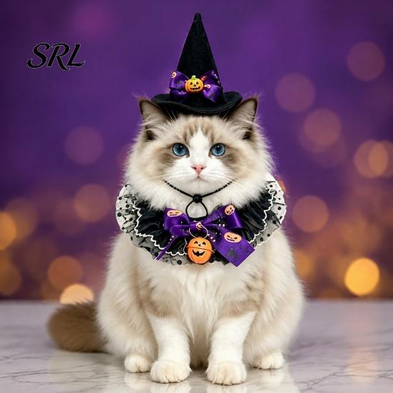 Pet Witch Hat And Scarf 1 Set Halloween Cat Costume, Wizard Lace Bandana, Ruffled Bib Pumpkin Outfit with Bow Bell, Holiday Party for Small Dogs, Cats
