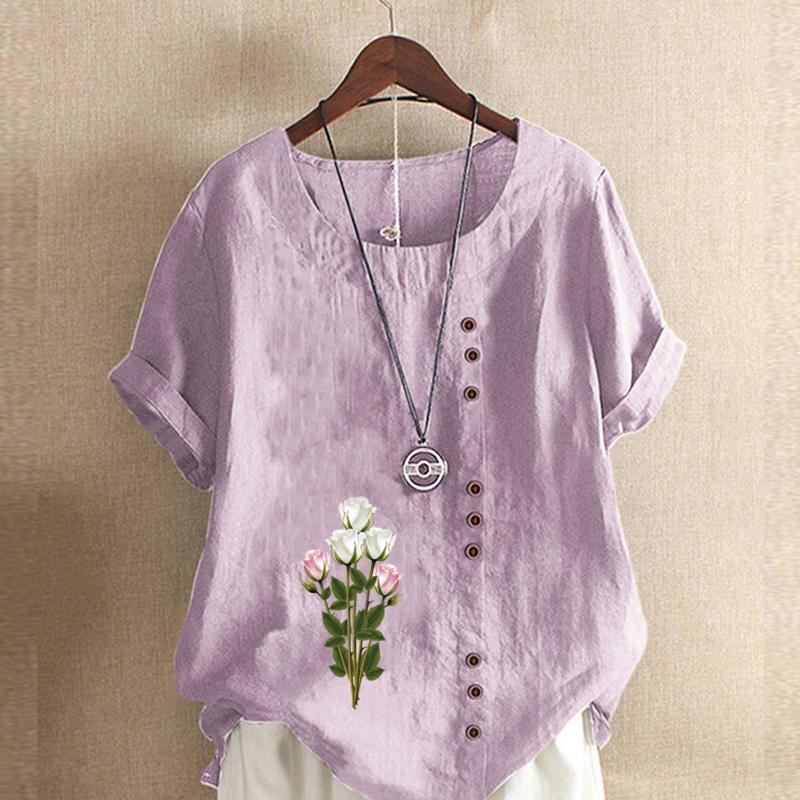 Women's Fashion Round Neck Short Sleeve T-shirt Casual Cotton Linen Graphic Shirt Leisure Loose Flowers Prined Summer Blouse Tops