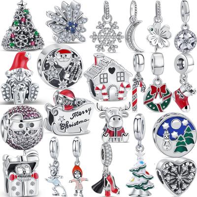 Новые зимние снежинки, снеговик, дом, елка, бусины Санта-Клауса, подходят оригинальные подвески, браслет, сделай сам, серебро 925 пробы, ювелирные изделия