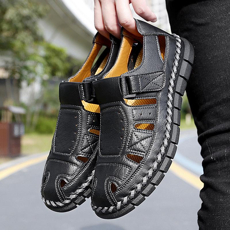 Повседневная обувь из натуральной кожи для мужчин, классические мужские сандалии с вырезами, летние мужские кроссовки для прогулок на свежем воздухе, дышащие мужские сандалии