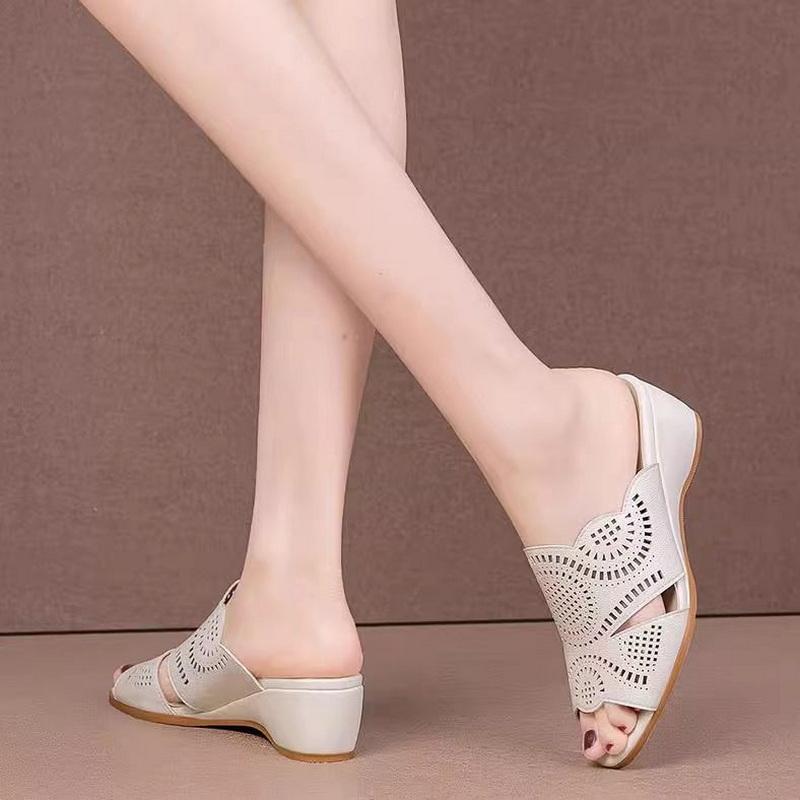Fashion FHC 2024 New Women Mid Heels Slippers,Wedges Slides,Hollow Out Summer Shoes for Mum,Open Toe,Soft Bottom,Slip On,Beige,Dropship