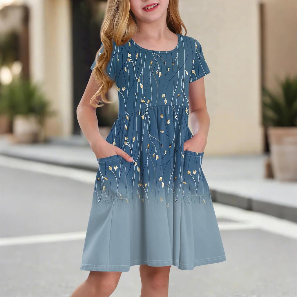 Children's Skirt Round Neck Short Sleeve Princess Dress Fashion Casual Pocket Dress For Girls