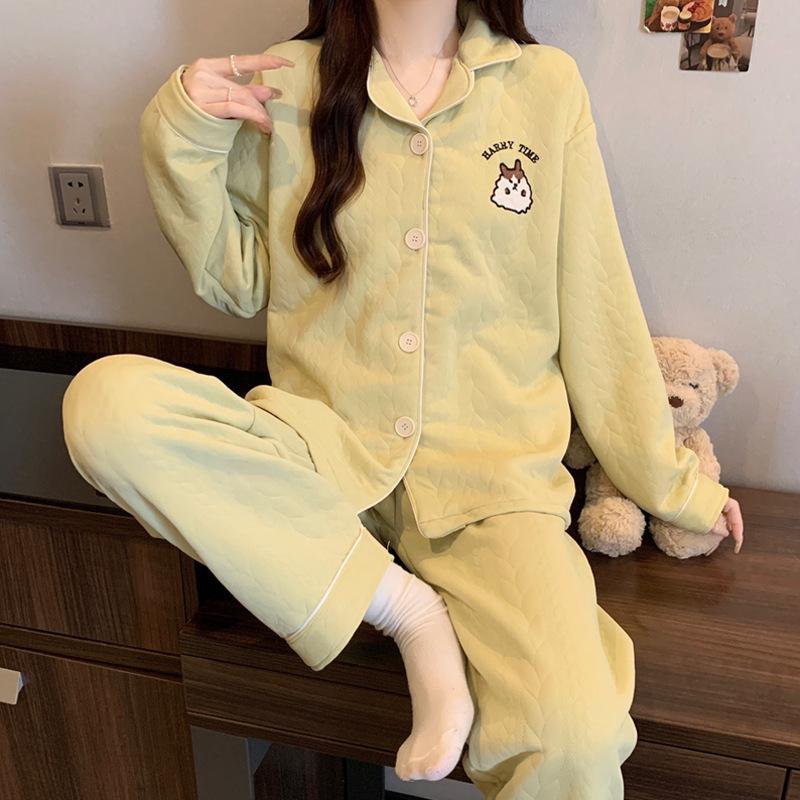 Air cotton sandwich pajamas women's autumn and winter long-sleeved cute dachshund dog polka dot warm loungewear set