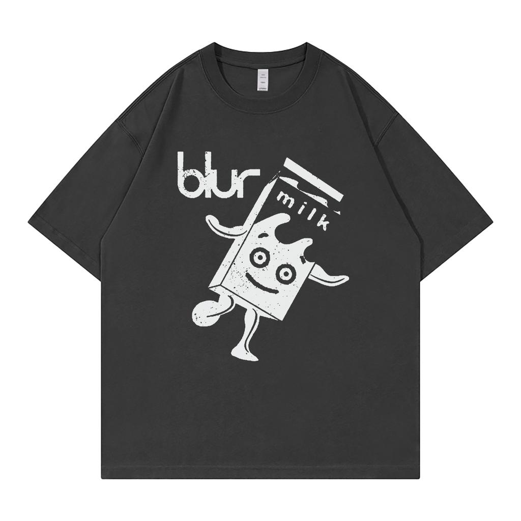 Blue Loose Fit Round Neck Short Sleeve Tshirt By Blur Band Digital Direct Print Cute Milk Box Design Breathable Cotton Rock