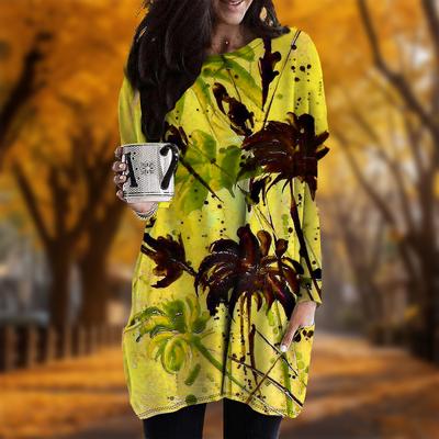 Новинка осени Картина маслом с принтом кокосовой пальмы Платье больших размеров для женщин с круглым вырезом и длинными рукавами Повседневные платья с карманами