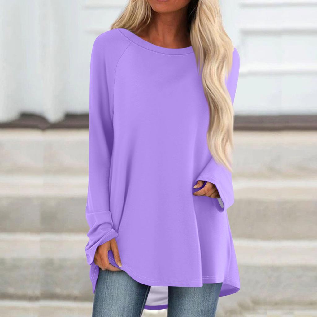 Women's Fashionable Loose Mid-length Round Neck Pullover Solid Color Raglan Sleeves Long-sleeved Casual Top