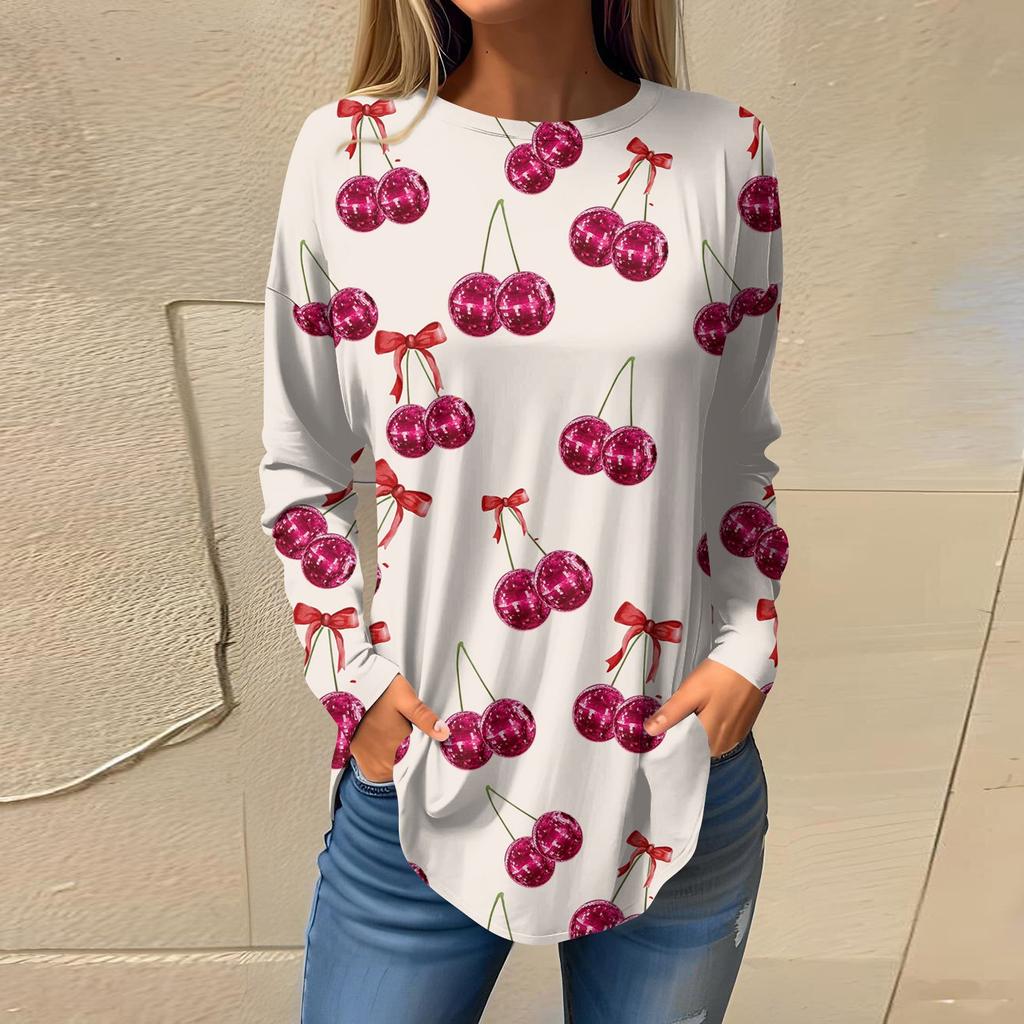 Women's Loose Casual Bow Printed Round Neck Long Sleeved T Shirt Top Pullover Long Sleeved Sweatshirt