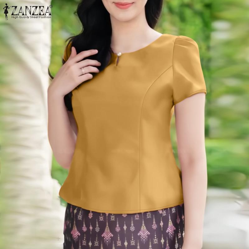 ZANZEA Женская летняя повседневная блузка с круглым вырезом и коротким рукавом