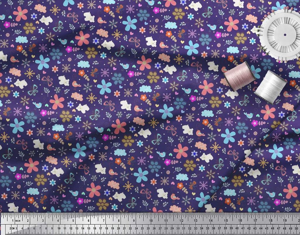 Soimoi Ткань из вискозы синего цвета с принтом «Медведь|Птица и цветы» в ярдах, 42 дюйма