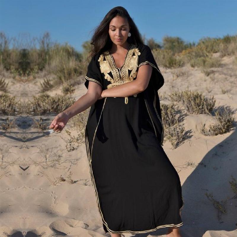 Summer New Cotton Indie Folk Bikini Blouse V-Neck Embroidered Side Slit Loose Beach Long Dress Women's Swimwear Blouse Q660