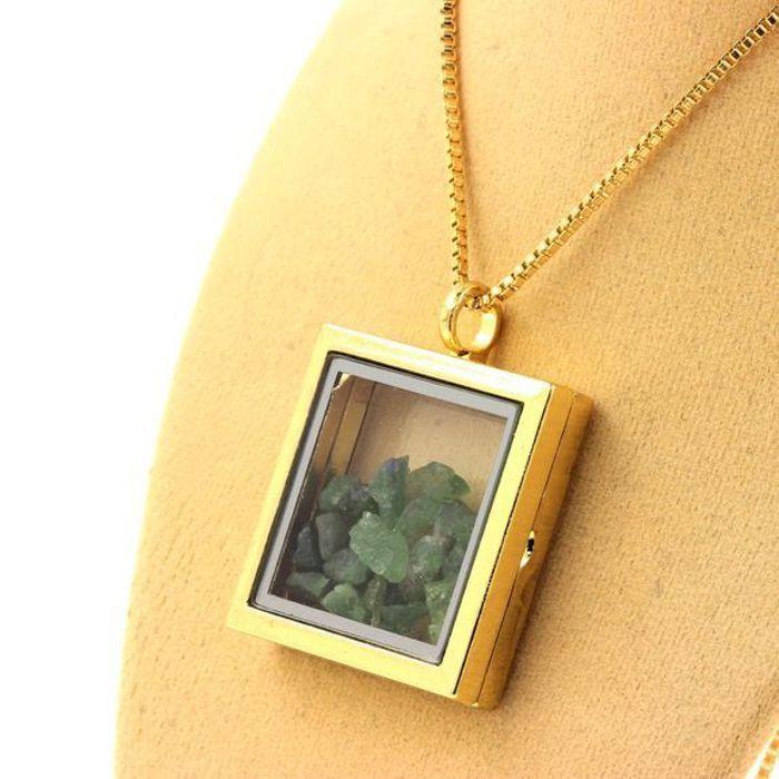 Stones and Minerals. Raw Tsavorite Garnet Necklace. Square Model. Gold Color.