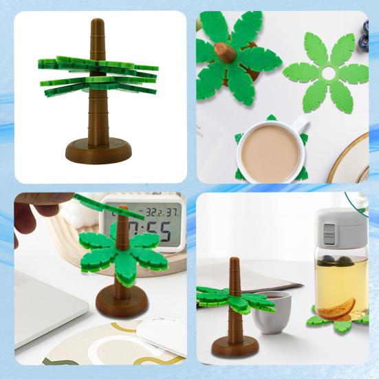 4Pcs Coconut Tree Shaped Coasters Set with Flowerpot Stand Creative DIY Coasters Heat-Resistant Plastic Drink Mat for Home Bar Decor