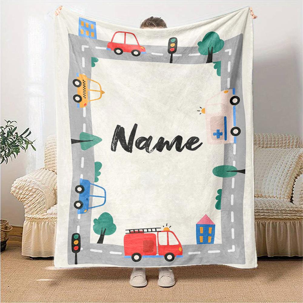 Custom Name Cute cars Theme Printed Blanket - Perfect for Couch, Bed, Travel & Outdoor Use | Machine Washable, Cozy & Durable.