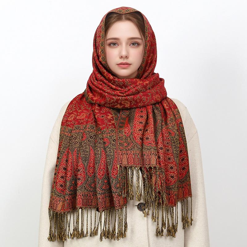 Jacquard Scarf Shawl High-End Atmosphere Fringed Scarf Osmanthus Pattern Jacquard Warm And Comfortable Scarf