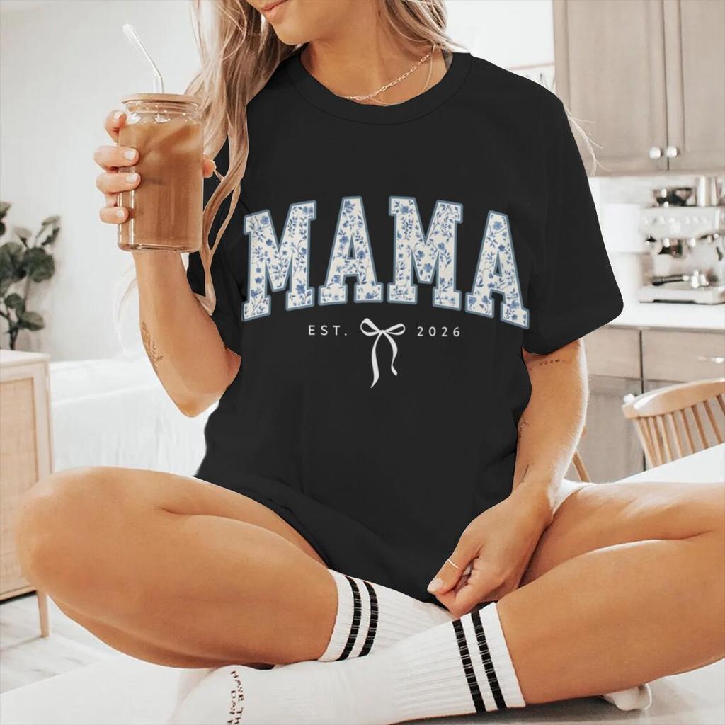 Vintage Floral MAMA EST 2026 TShirt Women Coquette Bow Print Casual Short Sleeve Tee New Fashion Mom Gift