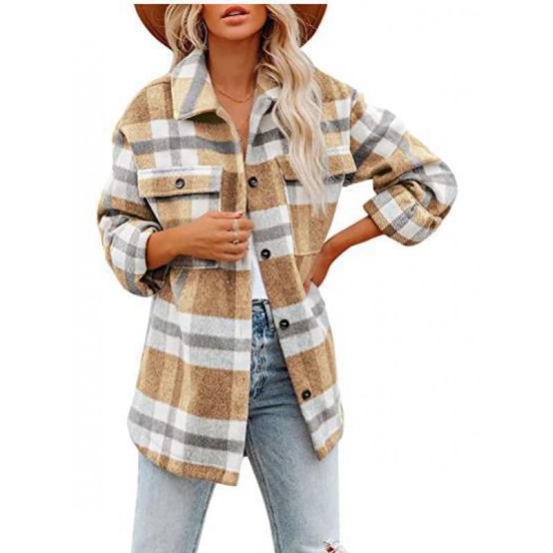 Spring and Autumn Women's Brushed Plaid Shirts Long Sleeve Flannel Lapel Button Down Pocketed Shacket Flannel Jacket Coats