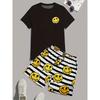 Men's Casual 2-Piece Smile Print Summer Suit Set with Crew Neck Short Sleeve T-Shirt and Drawstring Shorts