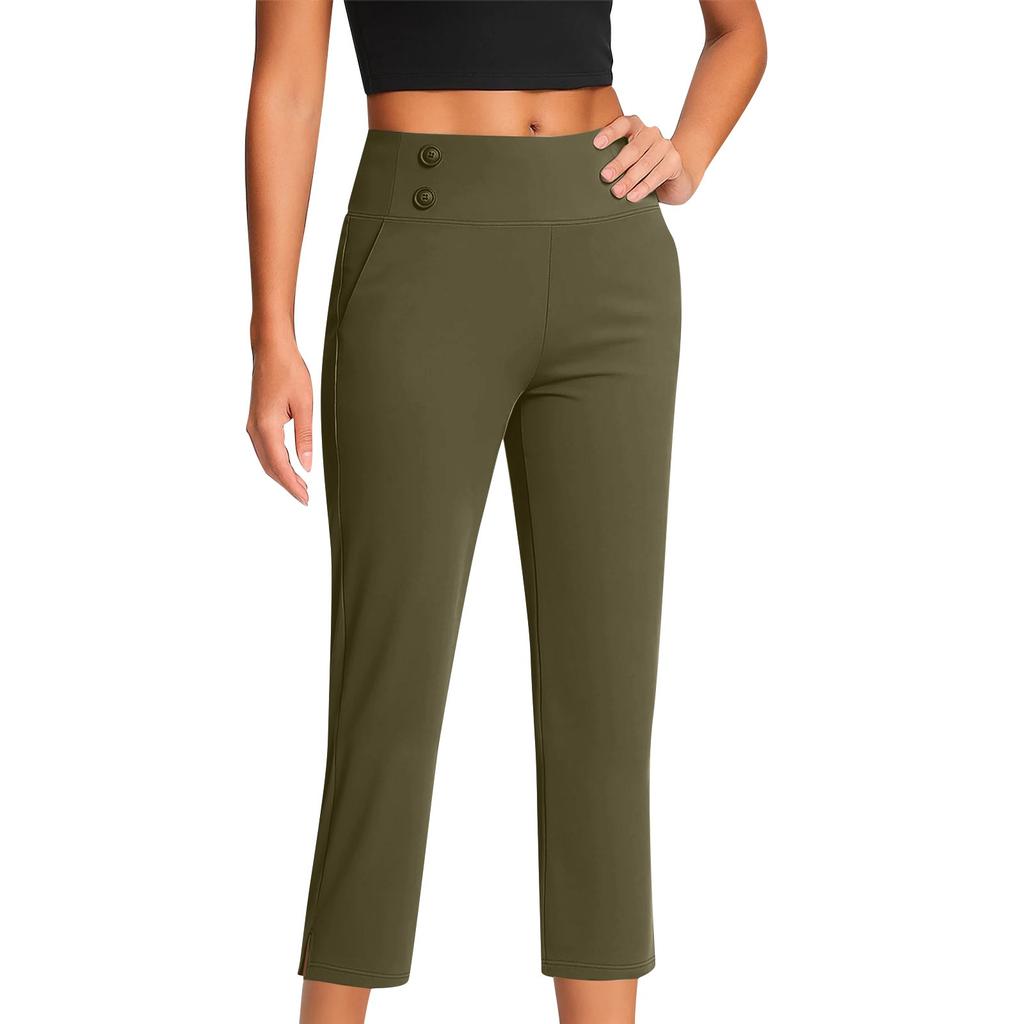 Women's Fashionable Solid Color Straight Leg Pants With High Waist Button Pockets And Elastic Waist Casual Pants