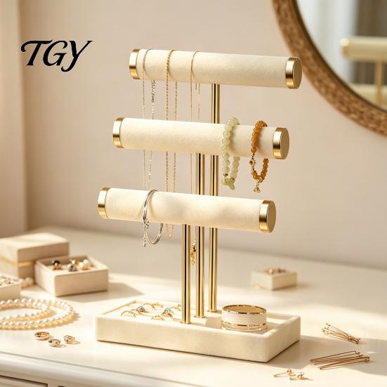 Velvet Jewelry Rack 3 Tier Organizer, T-shaped Holder for Bracelet, Dressing Table Necklaces Rings, & Earrings, Stand with Storage Tray Decorative