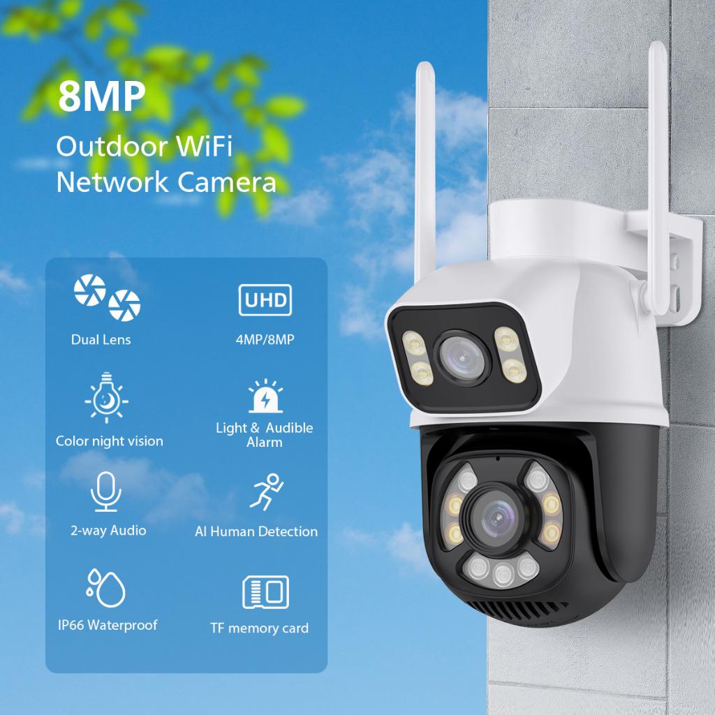 AIOOK Наружная Wi-Fi камера видеонаблюдения HD 8MP 4K с двумя объективами IP-камера безопасности Цветная камера ночного видения IP66 Водонепроницаемый приложение ICSEE Двусторонний диалог Удаленный просмотр