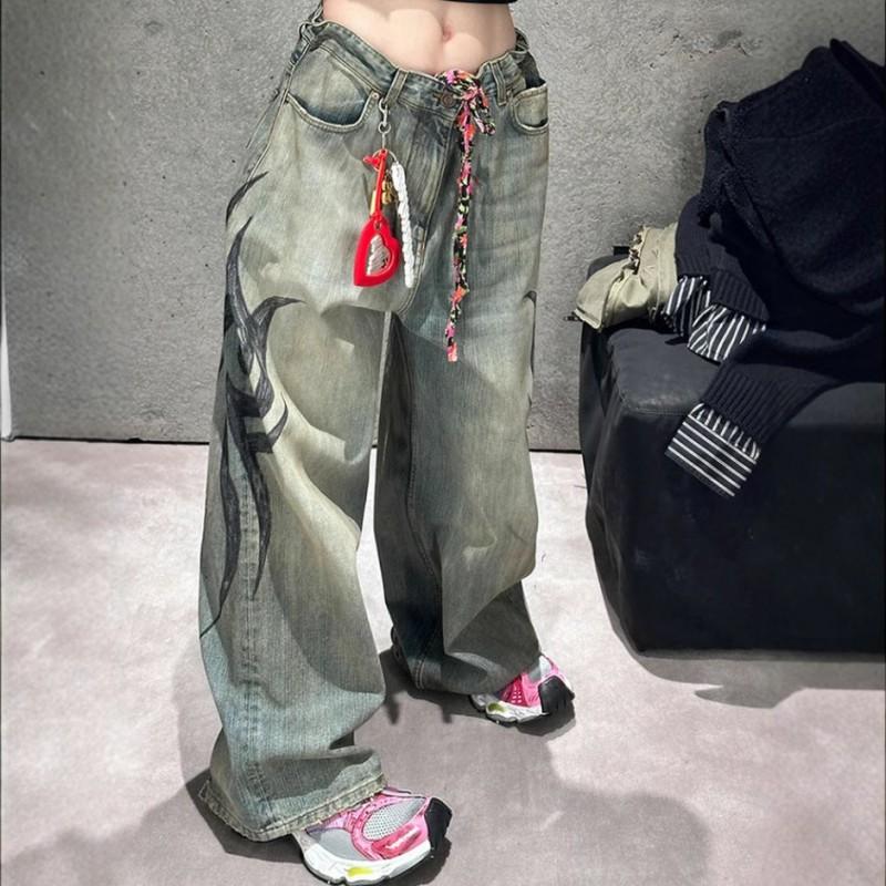 Женские джинсы с высокой талией и широкими штанинами Streetwear Принт Повседневные брюки