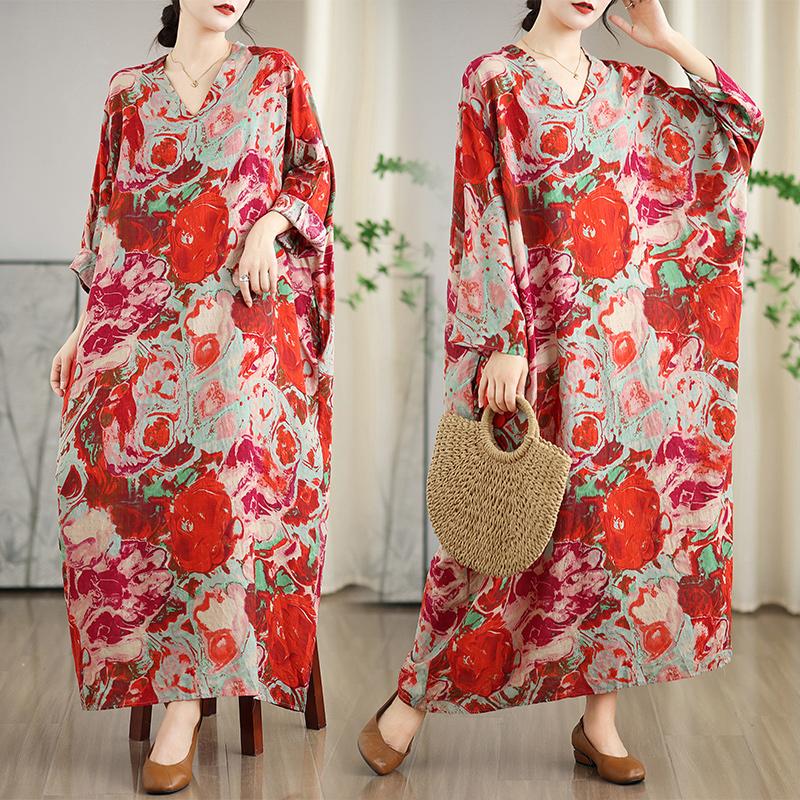 Dimanaf 2025 Женское Весеннее Свободное Платье Плюс Размер Винтаж Элегантный V-образный вырез Льняное Повседневное Базовое Цветочное Новое Длинное Платье