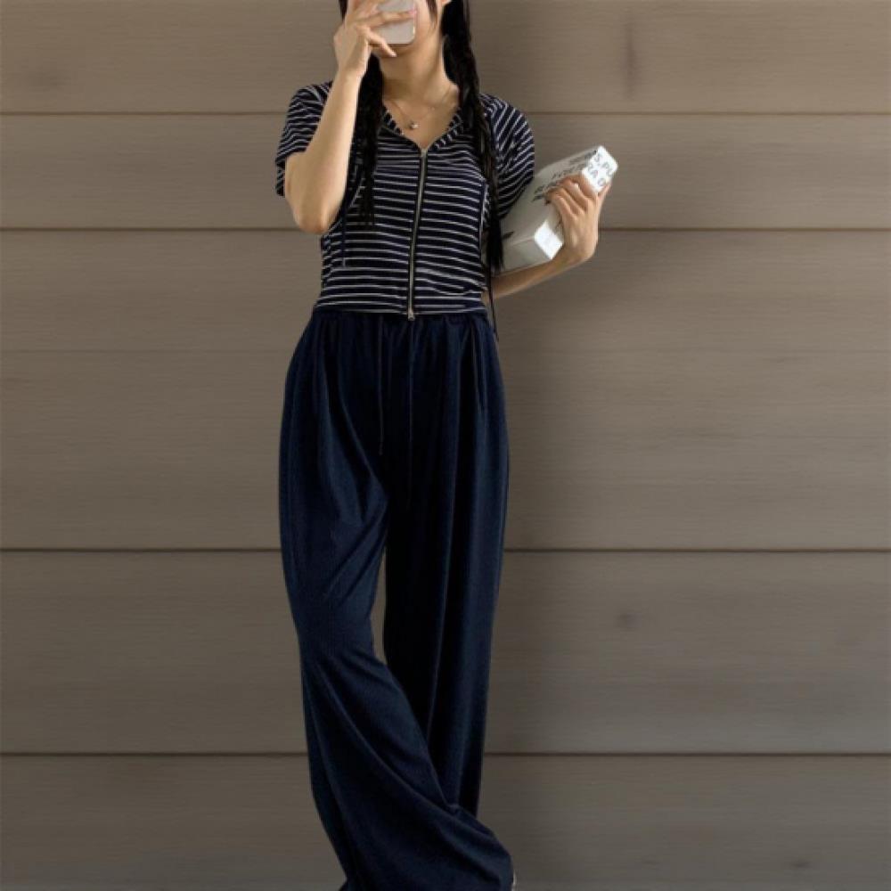 New Arrivals Open Run Women Stripe Hoodie Zip Up And Wide Pants Set