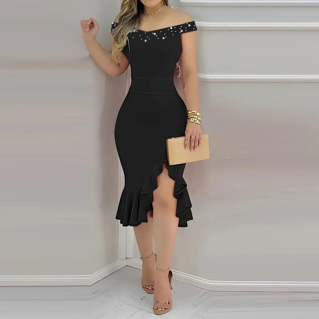 Women's Fashion Tight Pack Hip One Shoulder Ruffle Solid Colour Dresses